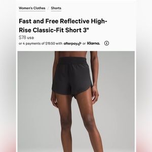 Lululemon Fast & Free reflective shorts